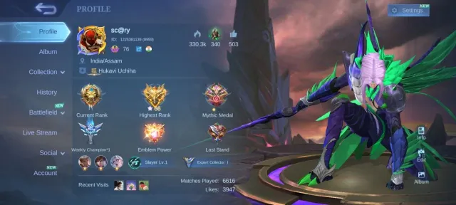 💥 Star Lesley Gaara Vale EPIC🔥 Carmila YSS Moskov Valir Kagura emblem Max✨⚡, Sale, Rank: Mythic, Level: 76, Winrate: 50%, Heroes: 96, Skins: 206