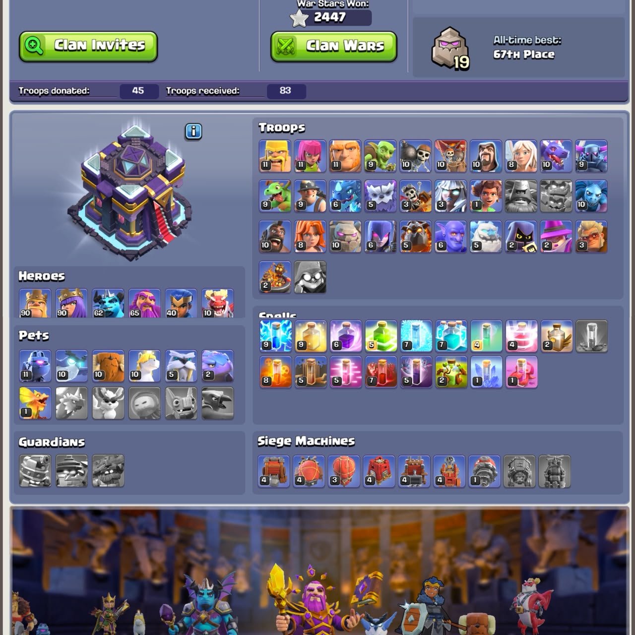 ❖ TH 15 Full Max ❖ Heroes 90-90-62-65-40-10 ❖ 10x Epic Almost Max ❖ 6 Builders ❖ NC Yes ❖, 15 TH Main Village, 10 TH Builder
