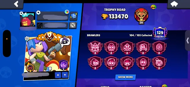133k, MASTER 2, 5X НОВЫЙ МАСТЕР, ПОЛНОСТЬЮ ПРОКАЧАН, МНОГО СКИНОВ, 133000 кубков, 105 бравлеров
