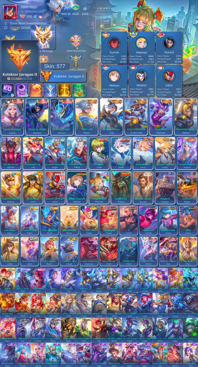 ❤️Mythic, Level 213, 131 Heroes, 577 Skins!❤️