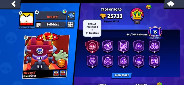 ✦ 💎 TOP ACCAUNT 💎 ✦ 25.7K🏆 │ 84/104 👥 │ 15⭐ Prestige │ 3🟡 LEG │ 10🔴 MYTH │ 🤖 Mecha Crow, trophies 25000, brawlers 84