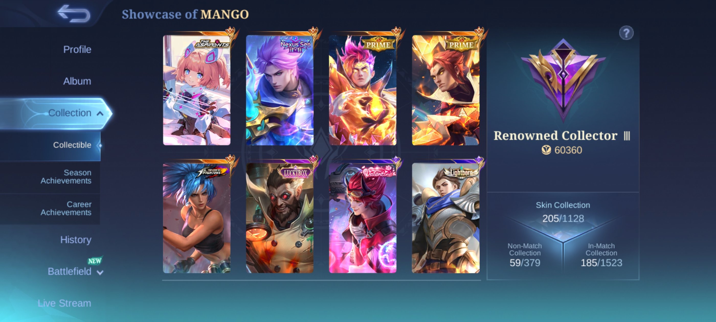 🔥60K points🔥 Nexus Nolan, Prime Claude- Yu zhong, kof karina,, Sale, Rank: Mythic, Level: 88, Winrate: 51%, Heroes: 80, Skins: 205