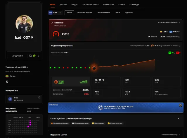 ☘️65 MATCHES❤️2015 ELO 🟢RECALIBRATED!🟪VERIFICATION💎NATIVE EMAIL💎+FIRST LETTER🔥DESIGN🍎🔥, Sale, With inventory, Has PRIME, FACEIT, 2015 ELO, Registered: Yes