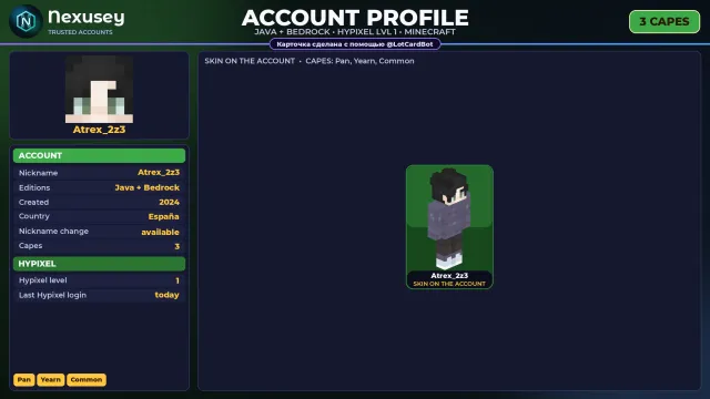 🚀 ⟦ MINECRAFT ⟧ JAVA + BEDROCK ✦ 3 CAPES: Pan ✦ FULL ACCESS ✦ NO BAN HYPIXEL (1 LVL) ✨ #4FMEEL, Sale, All account data