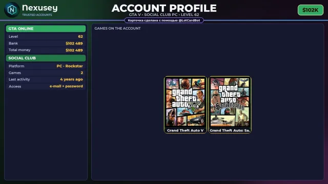 🚀 【SOCIAL CLUB】 ✨ ПОЛНЫЙ ДОСТУП | ПОДХОДИТ ДЛЯ ONLINE/RP | УРОВЕНЬ 62 ✨ $102K #4FABHX, Продажа
