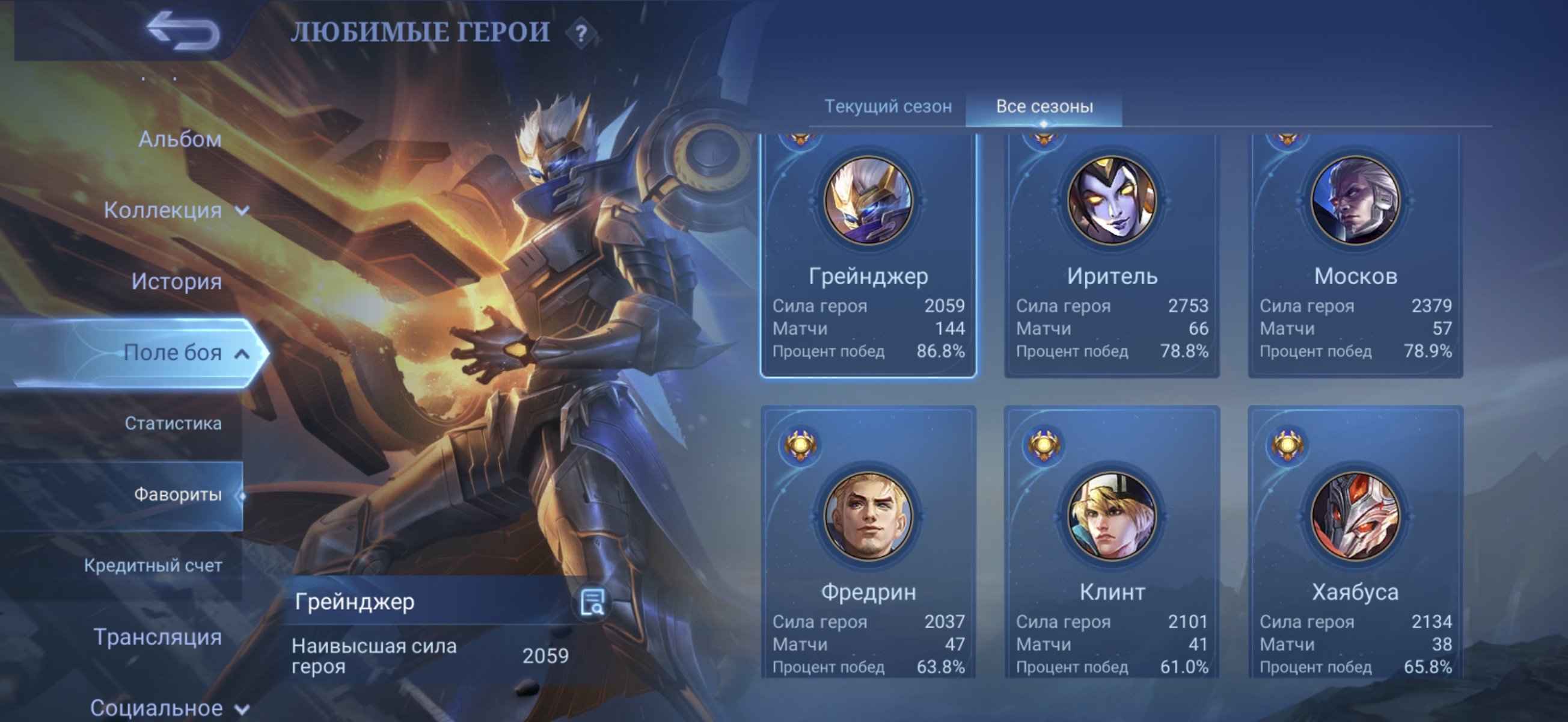🔥 Legendary Granger, Collector Arlot Brody, Sasuke Sue, Neobeast Ling, Sale, Rank: Mythic, Level: 30, Winrate: 72%, Heroes: 66, Skins: 134