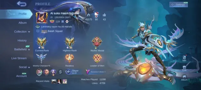 KOF Karina collector Natalia🔥 YSS EPIC irthil 💥carmila EPIC Kagura EPIC khufra hero emblem, Sale, Rank: Mythical Immortal, Level: 119, Winrate: 50%, Heroes: 131, Skins: 244
