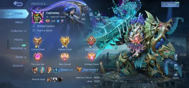 [Personal Account] MLBB 503 Skins | Mega Collector III | 4 Legends | 10 Primes | Max Rank: 70 Stars, Sale, Rank: Epic, Level: 109, Win Rate: 54%, Heroes: 133, Skins: 503