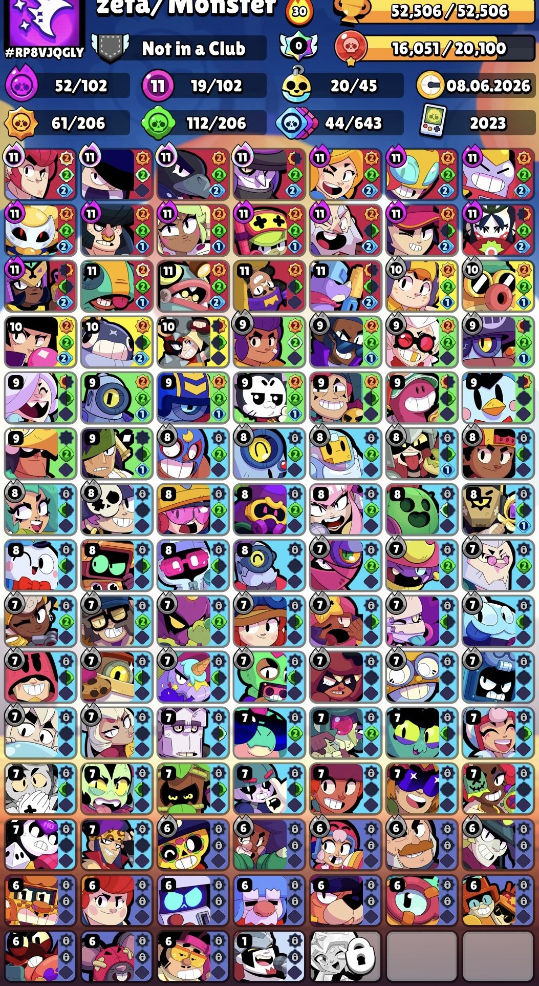 🍓🌈 AUTO DELIVERY🔴52500🏆102/103🔴19-11 STR💸7 MYTHIC SKINS🟡2 LEG🔴4 HYPER✅MARS GLORY🔴, trophies 52500, brawlers 102, primes 18