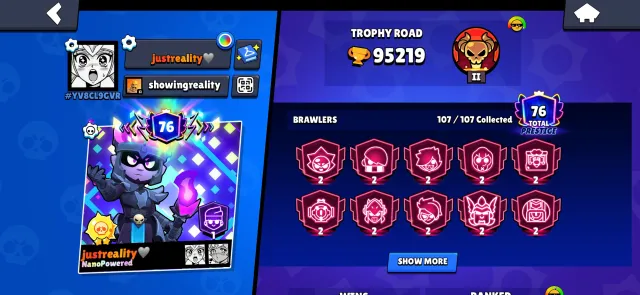 Selling account in Brawl Stars, 95000 trophies, 107 brawlers, 76 primes