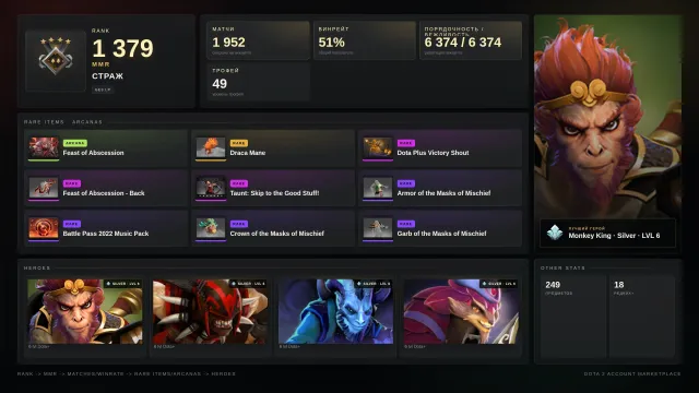 ✨Guardian 4 ≈ 1379 MMR✅6374 Trustworthiness✅✨Pudge Arcana✨Skins✨⚔️49 trophies⚔️, Sale, 1379 MMR, 6374 trustworthiness, 6374 politeness, 1952 matches, 1818 hours