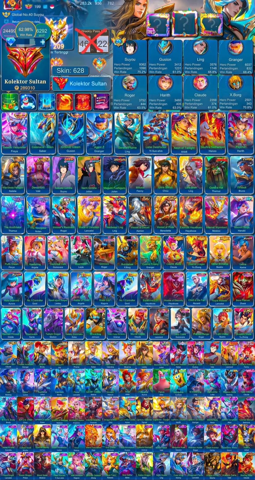 🔥World🔥200⭐Lega,Beasts,Hiro,11.11,AOT,Metro,Naruto,Exo,JJK,Aspy,Kung Fu skin line🔥, Sale, Rank: Mythic, Level: 230, Winrate: 62%, Heroes: 133, Skins: 638