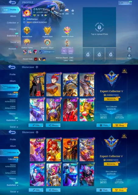 Itachi Julian, Gaara Vale, Meowkin Julian, AllStar YuZhong, Max Emblem, Global 🔥, Sale, Rank: Mythic, Level: 65, Winrate: 50%, Heroes: 70, Skins: 111