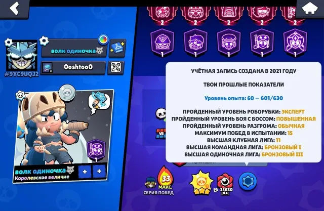 Account from 2021, has many skins, Battle Pass purchased a couple of times, 101217 trophies, 106 brawlers, 67 primes