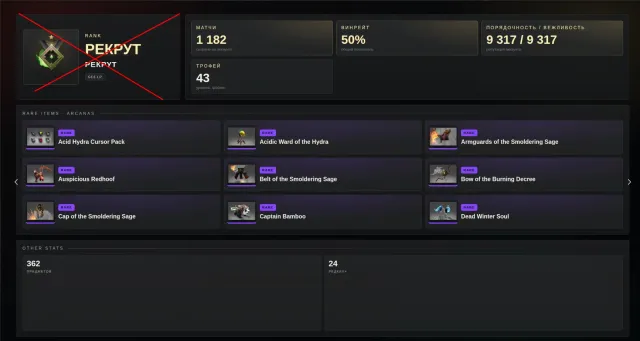 ✨Nicht kalibriert ≈ 2000 MMR✅9317 Anstand✅✨SKINS✨⚔️43 Trophäe⚔️, Verkauf, 2000 MMR, 9317 Anstand, 9317 Höflichkeit, 1182 Spiele