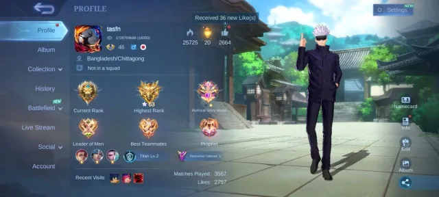 JJK Satro GOJO➤Prime Granger➤Collector Jawhead➤Lucky Lesley➤Lunox➤Star Karri➤deluxe 24➤emblem Max, Продажа, Ранг: Мифический, Уровень: 46, Процент побед: 48%, Герои: 113, Облики: 178