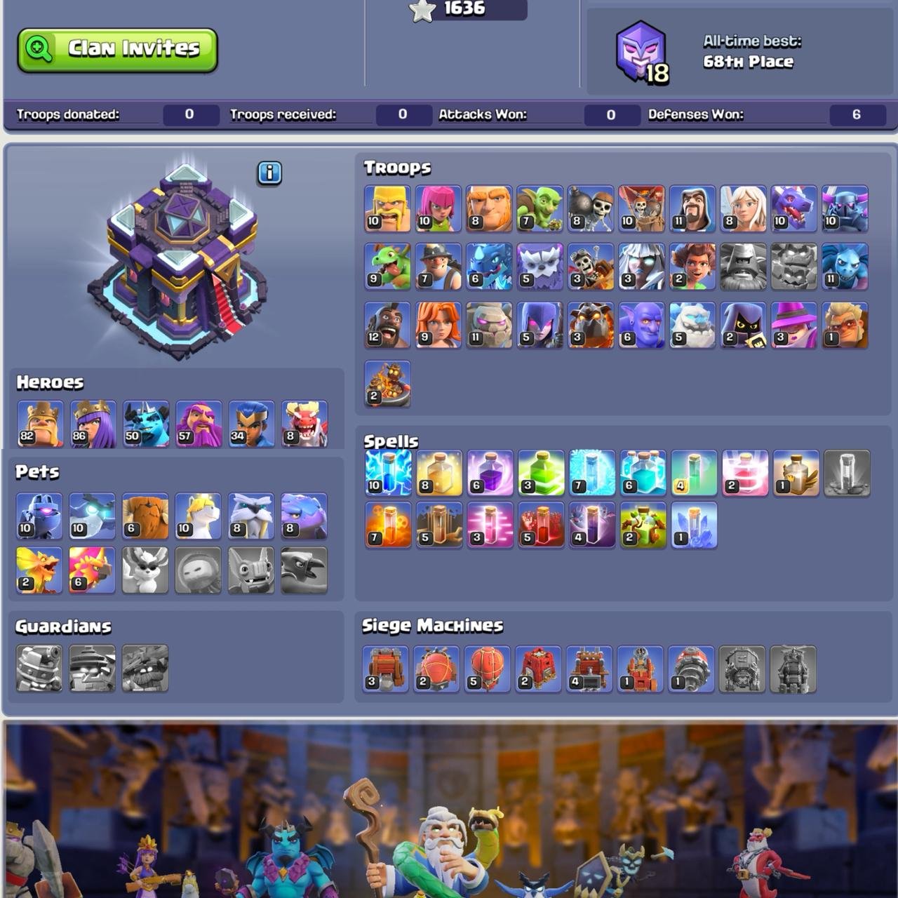 Th 15 Almost Full Max ✦ 82/86/50/57/34/8 ✦ 5x Epic High Lvl ✦ 376 Cwl Medals ✦ Nc Yes, 15 TH Main Village, 1 TH Builder