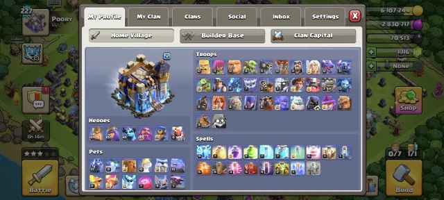 🏰 TH18 👑 Heroes 109/102/46/85/55/6💎 95% max 🌸 16 skins ⭐ 14 Epic gear, 18 TH Home Village, 10 TH Builder
