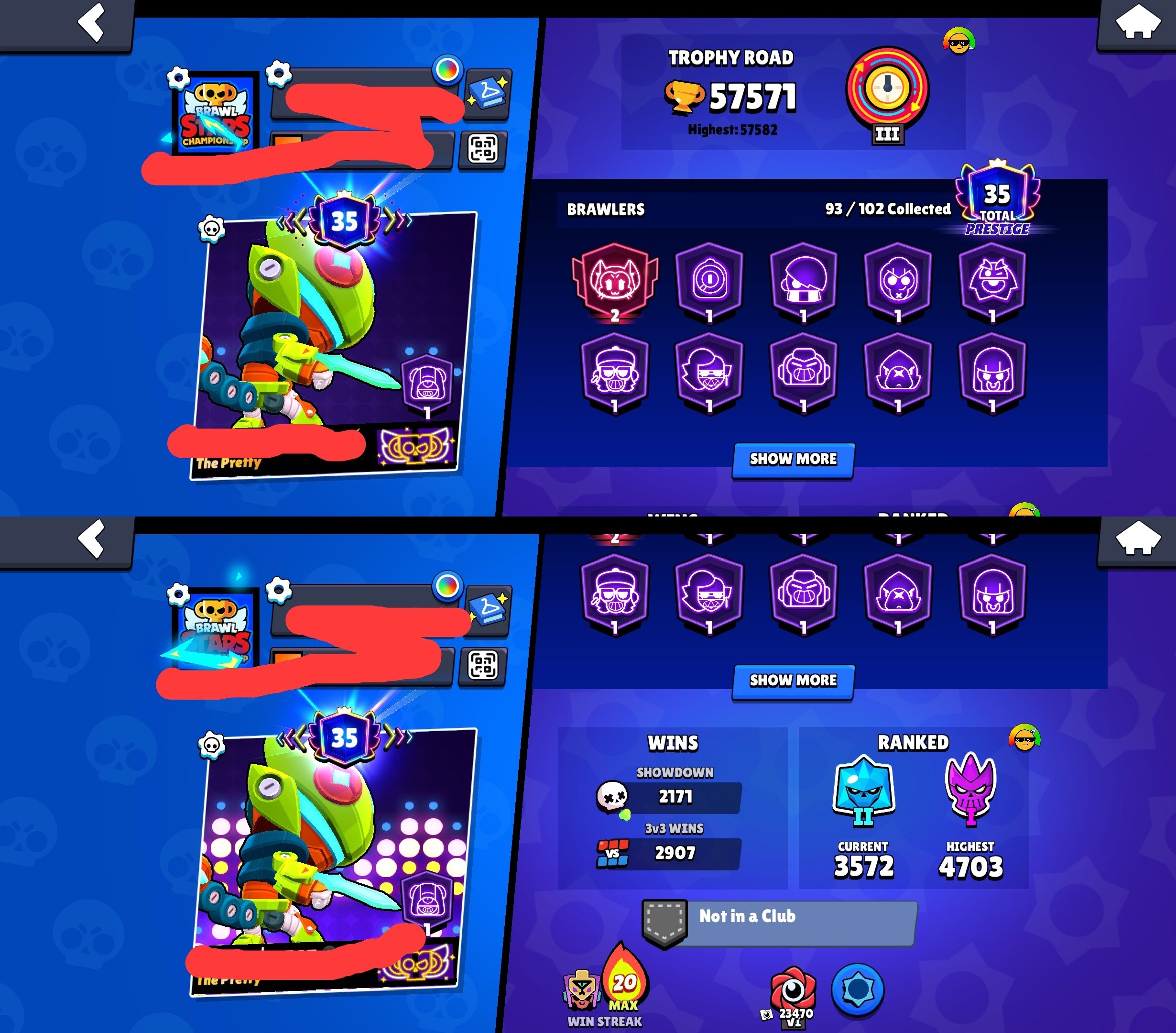 🏆𝟱𝟮𝐊🏆【🎫𝟲 BRAWL PASS+🎫】👤1О2/1О3👤𝟯𝟬𝟱 SKINS~31k💎❰𝟰𝟯 11-x POWER❱📹VIDEO📹, trophies 52000, brawlers 102, primes 16