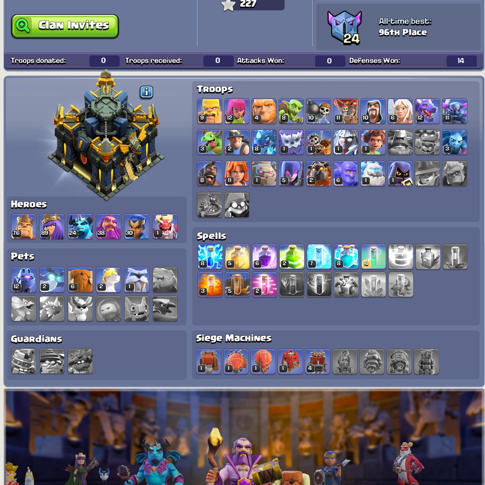 ❖ TH 17 Premium ID ❖ Heroes 76-90-24-38-30 ❖ 7x Epic Equipment ❖ Painter Scenery ❖ NC Free ❖, 17 TH Main Village, 10 TH Builder