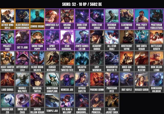 52 skins 💠 127 champions 💠 5600+ BE 💠 Alien Heimerdinger 💠 Zombie Brand 💠 Kayle Wing of the Ether 💠 SKT, Sale, level 205, champions 127, skins 52, No rank
