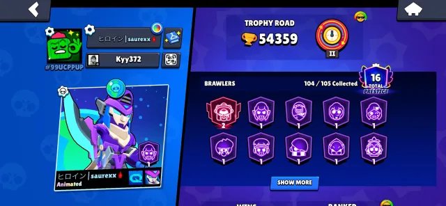 Great account for a base, 54359 trophies, 104 brawlers, 16 primes
