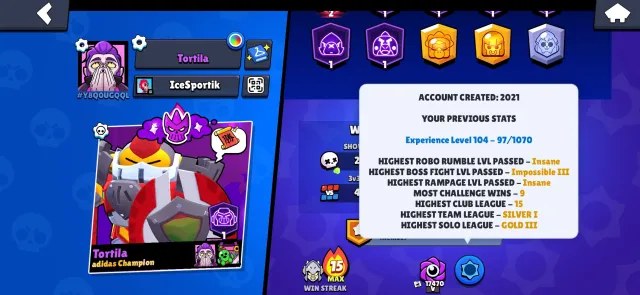🏆41075🏆【🎴 104 FIGHTER(13 LEG+KAJE+SIRIUS) 🎴】【⚡25-11 POWER (23 HYPER)⚡】【😎 OLD ACC 2021😎】【👑TOP SKIN👑】, trophies 41075, brawlers 104, primes 8