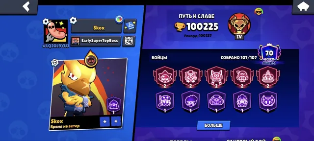 Old ACCOUNT IN BS WITH 107 BRAWLERS, 9 BATTLE PASSES AND 1 PRO PASS, 100225 trophies, 107 brawlers, 70 primes