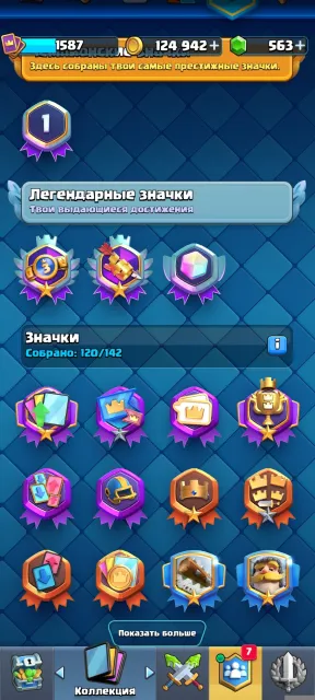 Account leveled by myself 12k, 500 gems available Pins for the challenge, 29 arena, 1587 level, 12220 trophies, 122 cards, 22 legendaries, No
