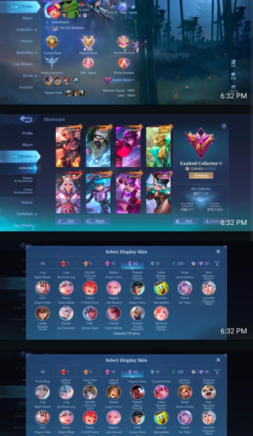🏆 Guru 2 🌙 Lunox Lgnd 🥊 Gusion K 🥷 Hayabusa Kakashi ⚔️ Paquito Manny Pacquiao 🔥 Dyrroth💖 Guine KOF, Sale, Rank: Mythical Immortal, Level: 140, Winrate: 60%, Heroes: 133, Skins: 391