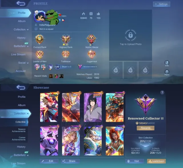 🔥 Exclusive Skins 🔥 🌟 Moskov Allstar ⚡ Soyu Sasuke 🥷 Ling Neobeast, Продажа, Ранг: Мифический, Уровень: 46, Процент побед: 55%, Герои: 98, Облики: 201