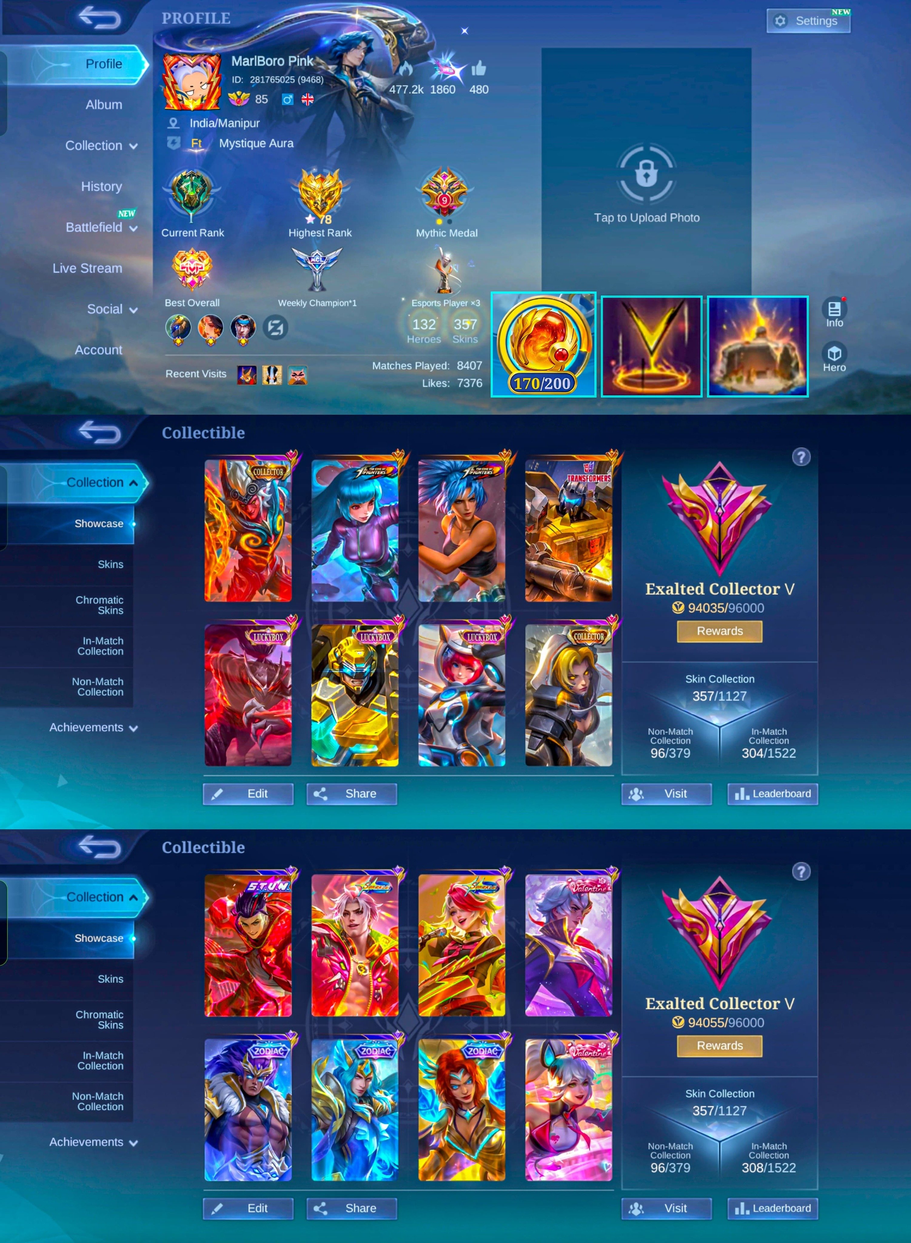 KOF Aurora, Collector Khufra, Transformers, Luckybox, STUN, Sparkle, 170 Core, Global 🔥, Sale, Rank: Mythic, Level: 115, Winrate: 50%, Heroes: 132, Skins: 357