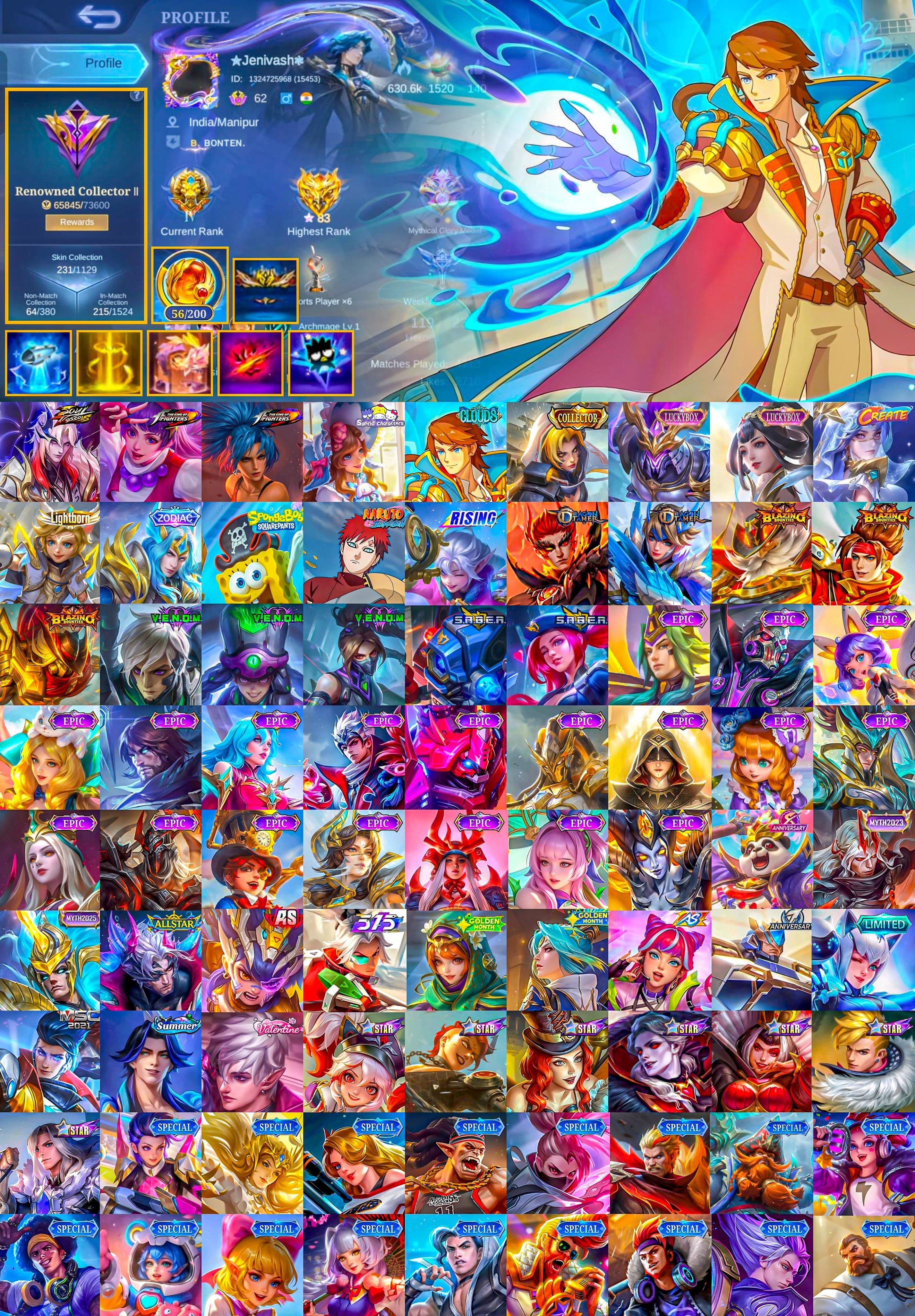Good WR, Vessels Cecilion, KOF Guinevere, Clouds Xavier, Luckybox Guinevere, SpongeBob, Global 🔥, Sale, Rank: Mythic, Level: 92, Winrate: 54%, Heroes: 119, Skins: 231