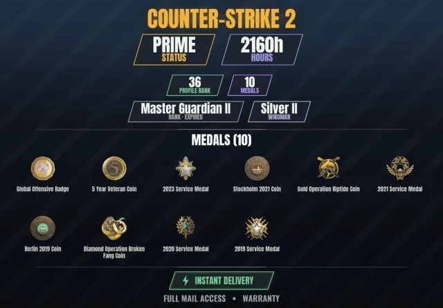 CS2 Prime👑2100h✨10 medals Diamond coin of the Broken Fang operation, Golden coin of the Riptide operation, For sale, With inventory, Has PRIME