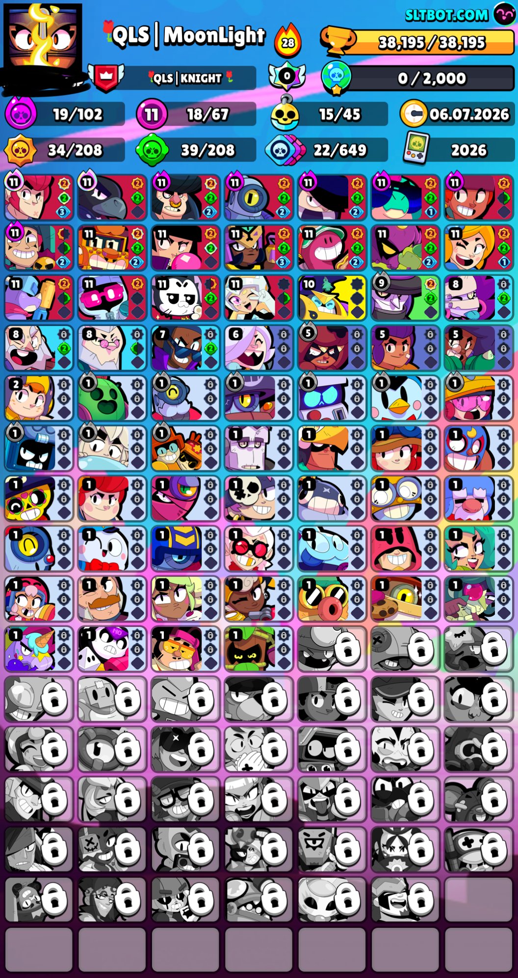 [🏆38200🏆] [👤67👤] [🟣SKINS ON-10958🟣] [🌊BANDING🌊] [🧙PIN MATCHERINO🧙], trophies 38200, brawlers 67, primes 36