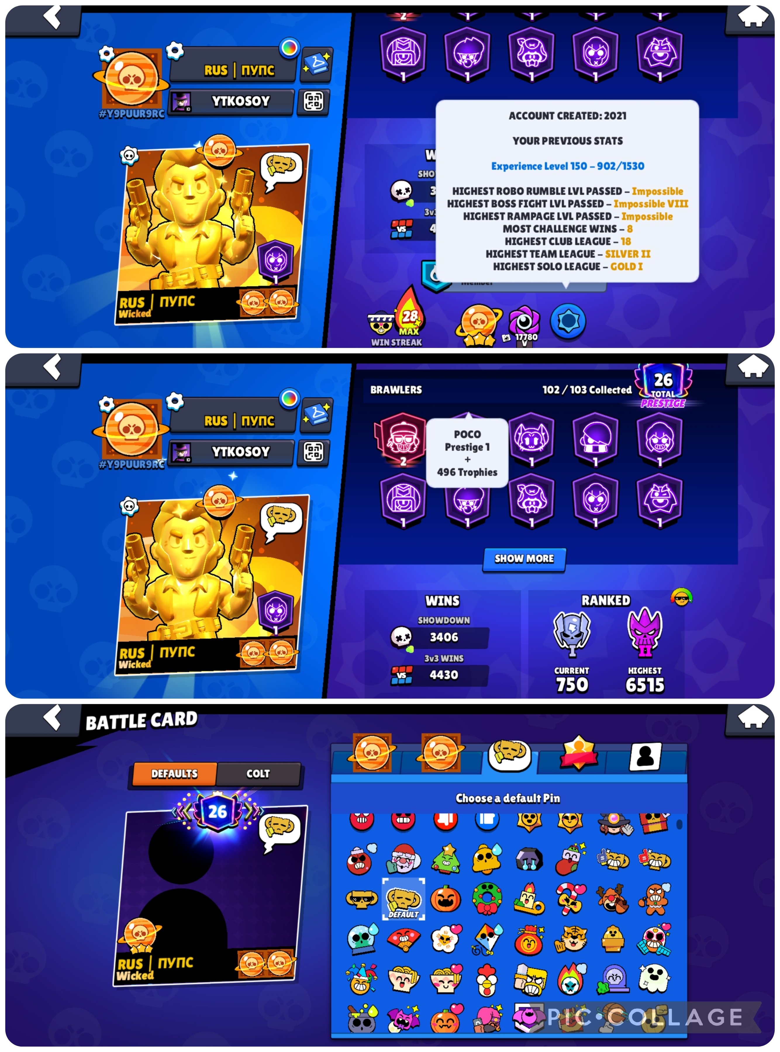 🏆𝟓𝟕𝟐𝟎𝟎🏆🔮HEROINE BIBI + VOID FINX🔮🎴REBEL + NINJA🎴🔮CORSAIR COLT + CARL🔮🏅STRONG PUMPING🏅, trophies 57204, brawlers 102, primes 26