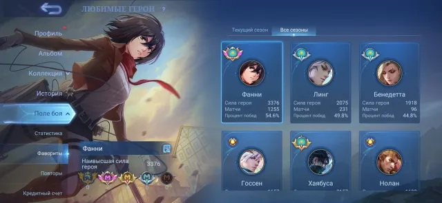 Top KZ fanny, mikasa, Sale, Rank: Mythical, Level: 33, Win rate: 51%, Heroes: 80, Skins: 134