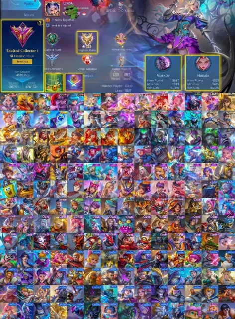 🏆 Exalted 1 🌙 Lunox Legend 💎 Selena Zenith 👻 Hanabi Soul Vessel 🔥 Wanwan 11.11 🥊 Chou KOF⚡Ken, Продажа, Ранг: Мифический Бессмертный, Уровень: 119, Процент побед: 70%, Герои: 133, Облики: 457