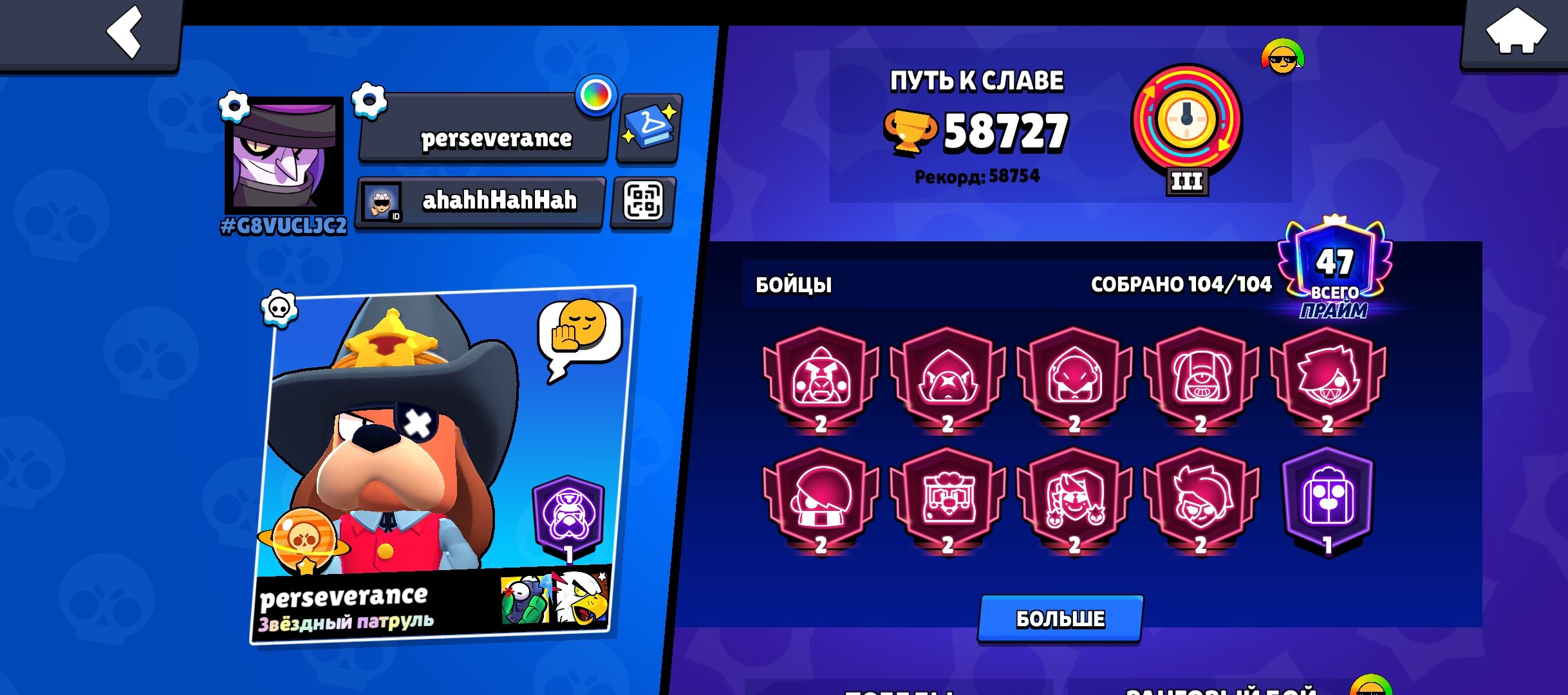 💸 329 skins, 38 - 11 strength 🥊 49 buff, trophies 61700, brawlers 105, primes 48