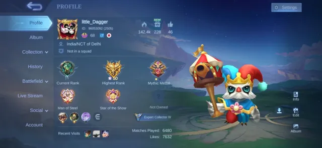 11Skins: Gatot Epic | Valir Dragon | Layla Blazing | Vale Gaara | Badang SS | Uranus Epic, Sale, Rank: Epic, Level: 68, Winrate: 51%, Heroes: 100, Skins: 167