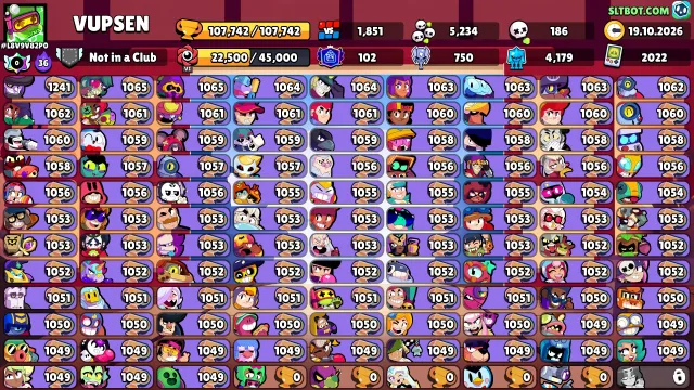 🏆107K🏆⭐️102PRIMES🟡83K Coins🟡💎239 Crystals💎✨40K BLINGS, 107742 trophies, 107 brawlers, 102 primes