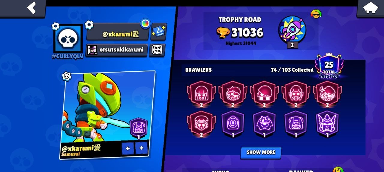 Top account, not activated BP+, ranked master, trophies 31000, brawlers 74, primes 25