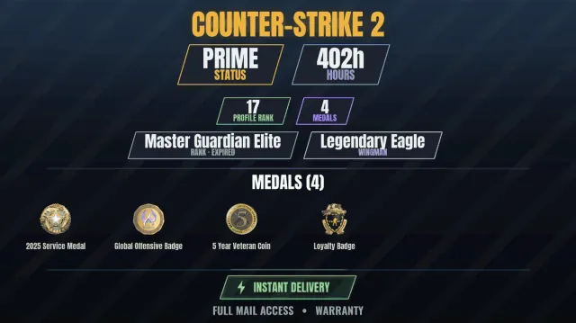 【CS2 Prime🎮402h💠4 medals】 Service Medal 2025, Loyalty Badge, 5 Year Veteran Coin, Global, Sale, With inventory, Has PRIME