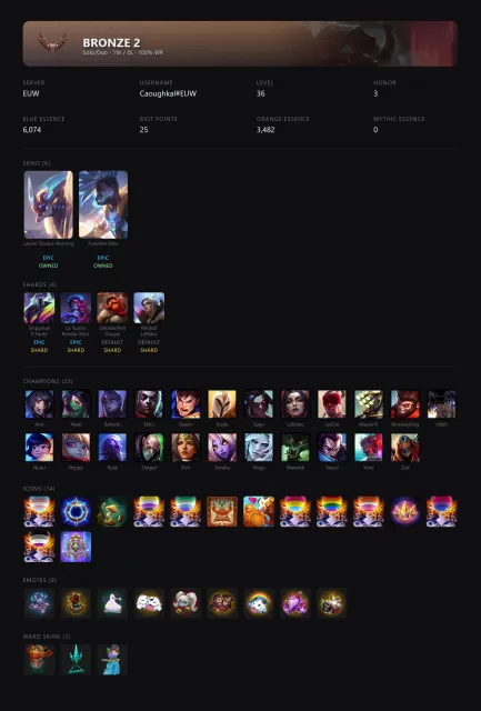 🟡┃🔥 PULSEFIRE EKKO / EMPYREAN K'SANTE / LA ILUSIÓN RENATA GLASC┃🕗 АВТОВЫДАЧА┃🤍┃✅ ПОЧТА┃, Продажа, уровень 36, чемпионы 23, скины 6, Бронза