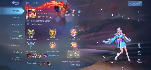 SAFE & CHEAP |EMBLEM MAX, KARINAKOF,NATALIA COLLECTOR AND HAVE 14 EPIC SKIN, Продажа, Ранг: Мифический, Уровень: 146, Процент побед: 48%, Герои: 133, Облики: 205