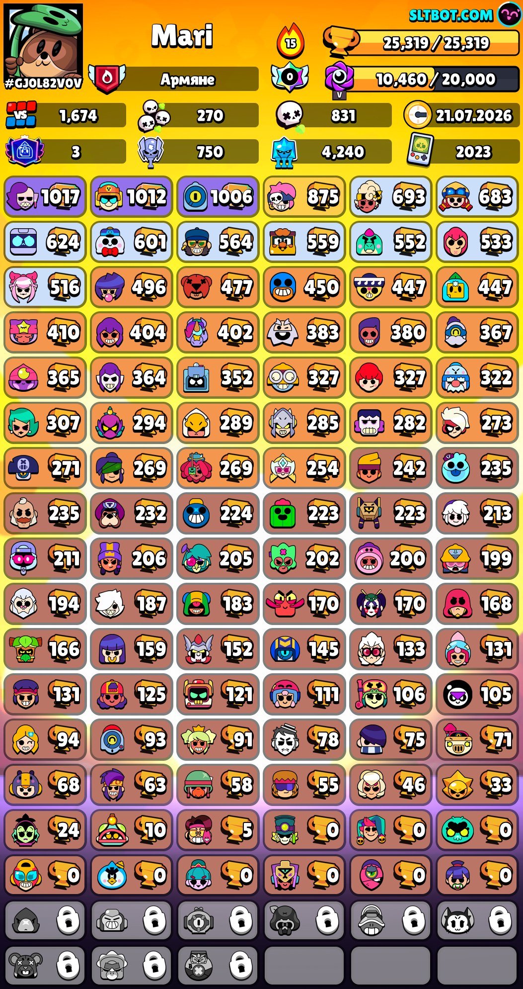 I can send more photos, trophies 25319, brawlers 96, primes 3