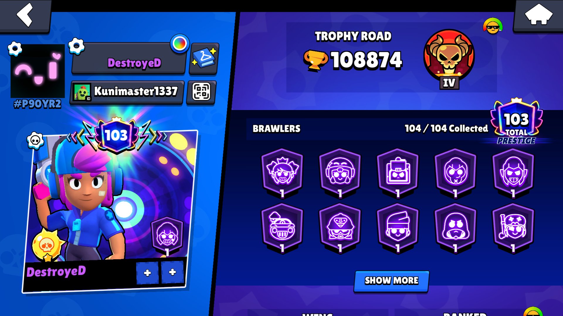 TOP ACC | 108900🏆 | TAG 6 SYMBOLS😍 | LEGA👑 | 2 BP+ | BUFFIE | TOP SKINS | 2018 YEAR🌎 | Clash Royale, trophies 108874, brawlers 104, primes 103