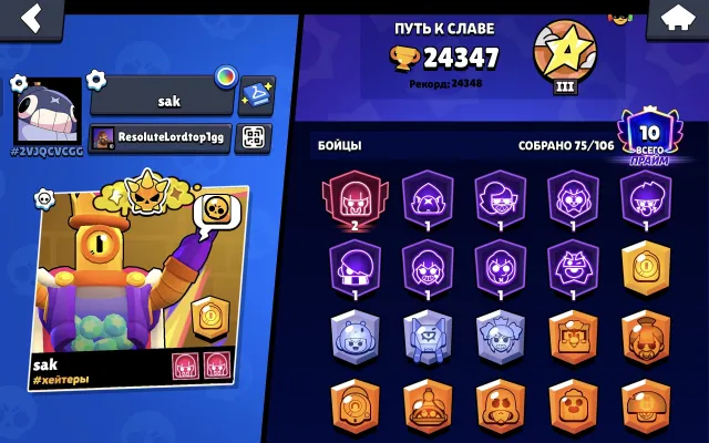 Quick and clean, 24000 trophies, 75 brawlers, 10 primes