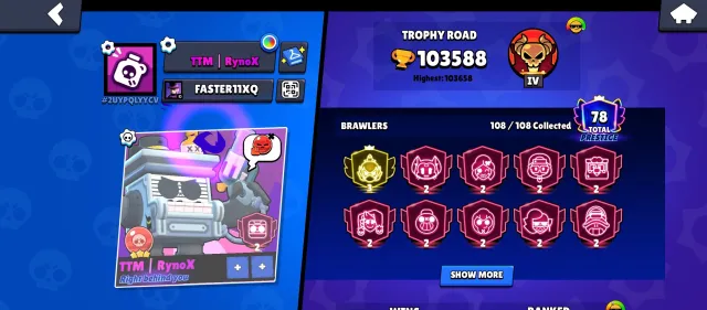 🏆103K🏆【3 PRIME LILY】👤1O8/1O8👤270 SKINS💎❰6 BP+🎫56 BAFFI😈❱📹VIDEO REVIEW📹, 103000 trophies, 108 brawlers, 78 primes