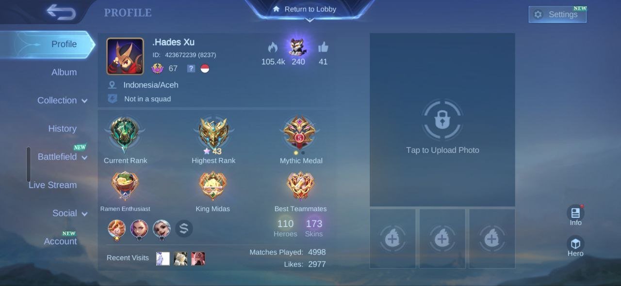 Luckybox Karina⇨Estes⇨Kimmy➤MC Draw 100➤Epic Irithel➤All Emblem Max➤100% Full acces➤, Sale, Rank: Mythic, Level: 67, Winrate: 50%, Heroes: 110, Skins: 173
